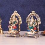 Pure Brass Ganesha Lakshmi Idol Pair with Meenakari Stonework - 8" Height